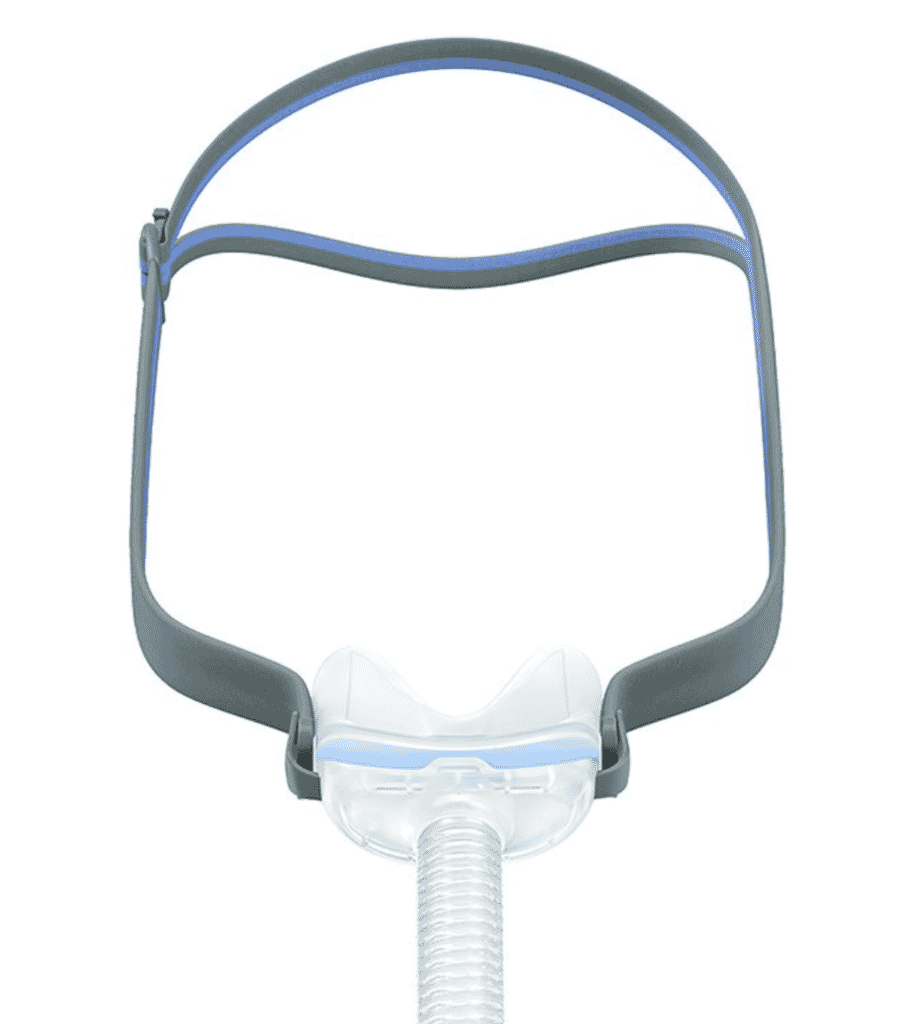 ResMed AirFit N30 nasal CPAP mask with headgear and tubing display.  